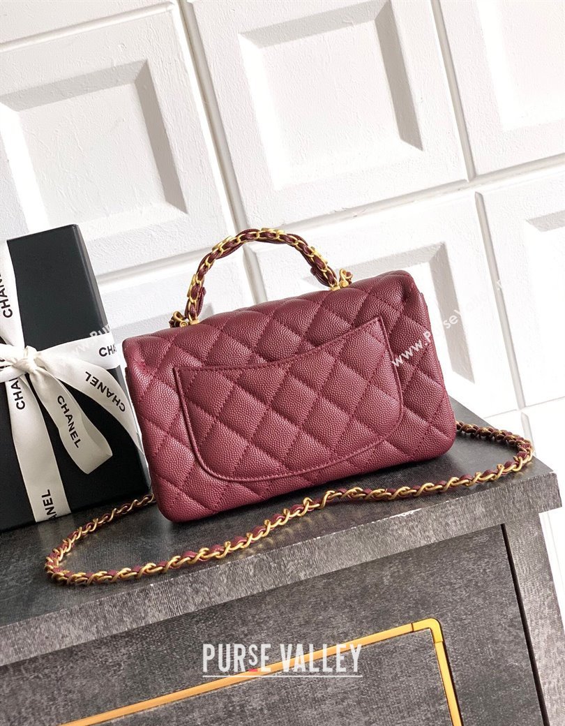 Chanel Grained Shiny Calfskin Mini Flap Bag with Top Handle and Chain AS5701 Burgundy 2025 (yezi-250812110)