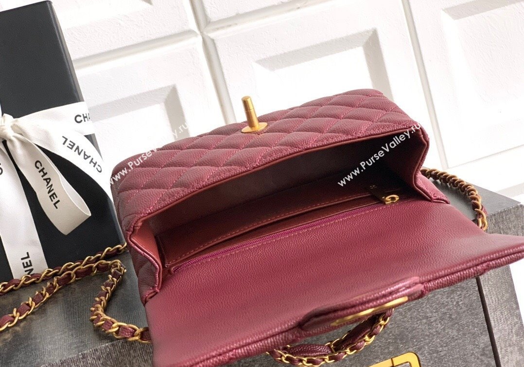 Chanel Grained Shiny Calfskin Mini Flap Bag with Top Handle and Chain AS5701 Burgundy 2025 (yezi-250812110)