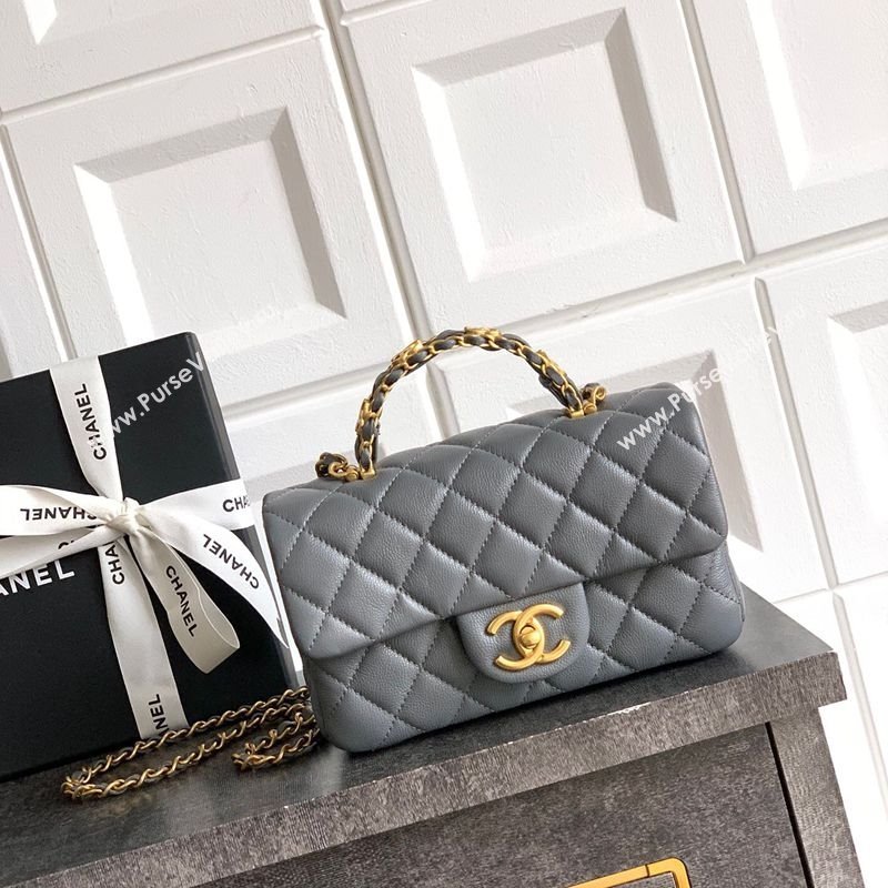 Chanel Grained Shiny Calfskin Mini Flap Bag with Top Handle and Chain AS5701 Grey 2025 (yezi-250812111)