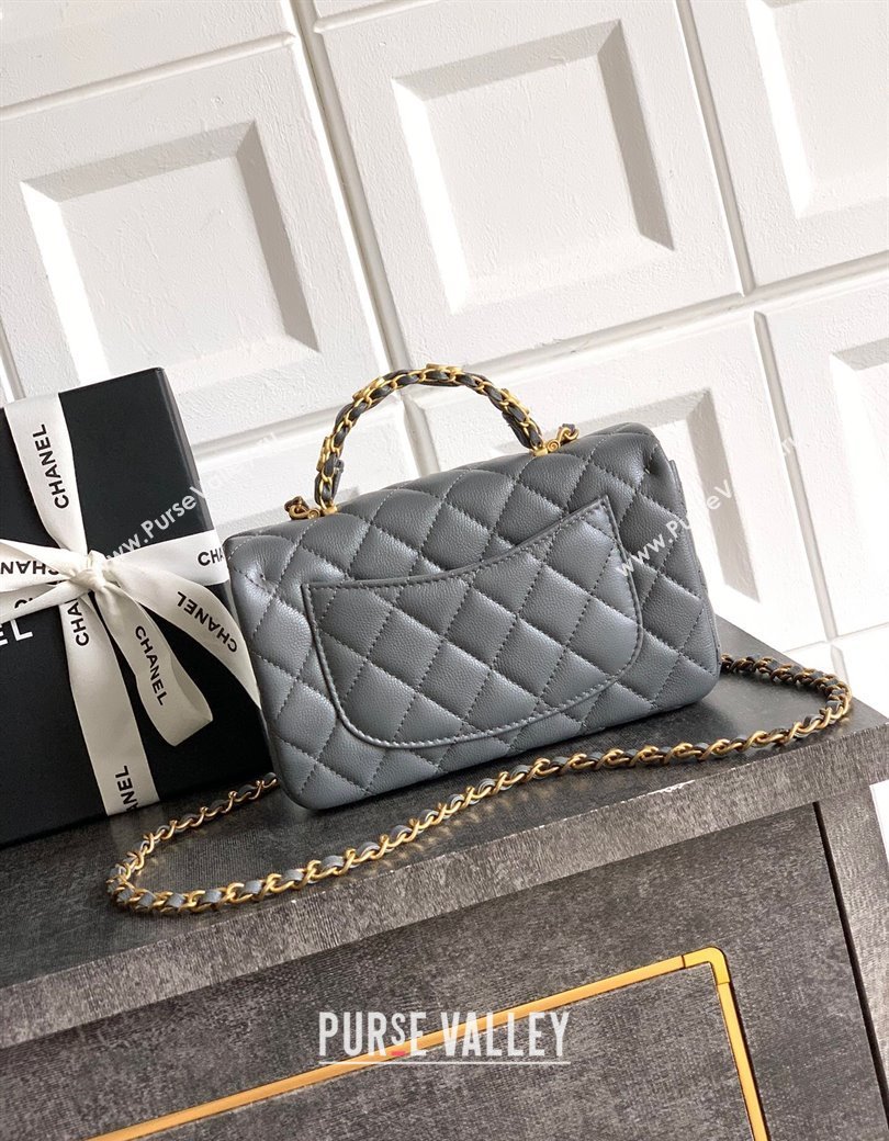 Chanel Grained Shiny Calfskin Mini Flap Bag with Top Handle and Chain AS5701 Grey 2025 (yezi-250812111)