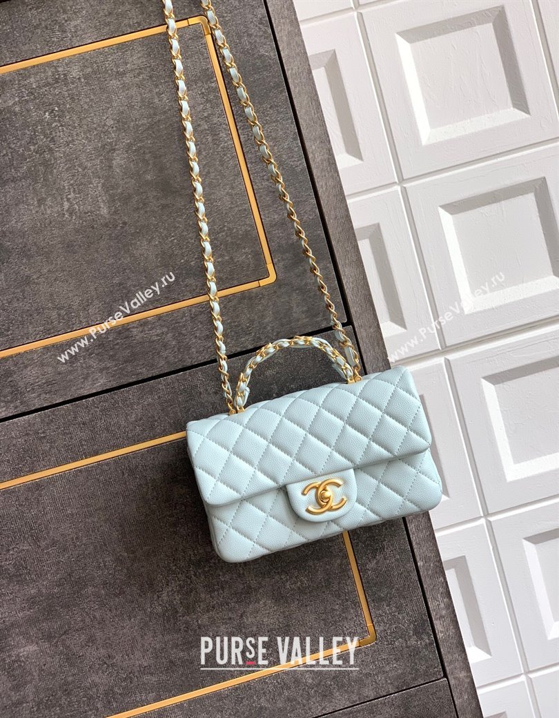 Chanel Grained Shiny Calfskin Mini Flap Bag with Top Handle and Chain AS5701 Light Blue 2025 (yezi-250812112)