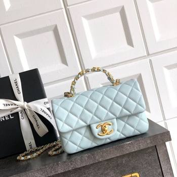 Chanel Grained Shiny Calfskin Mini Flap Bag with Top Handle and Chain AS5701 Light Blue 2025 (yezi-250812112)