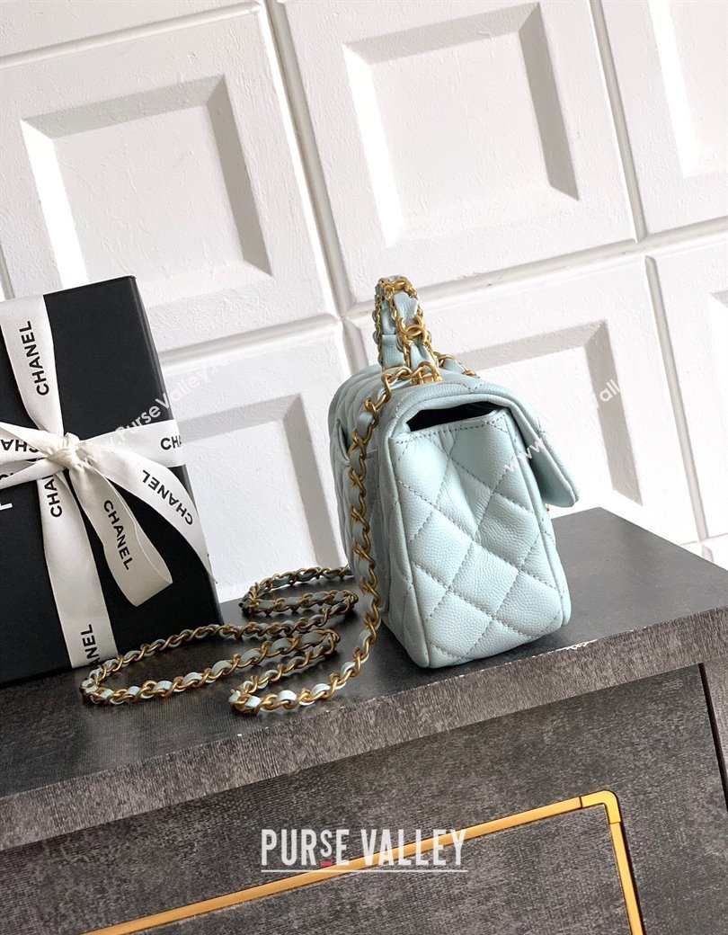 Chanel Grained Shiny Calfskin Mini Flap Bag with Top Handle and Chain AS5701 Light Blue 2025 (yezi-250812112)