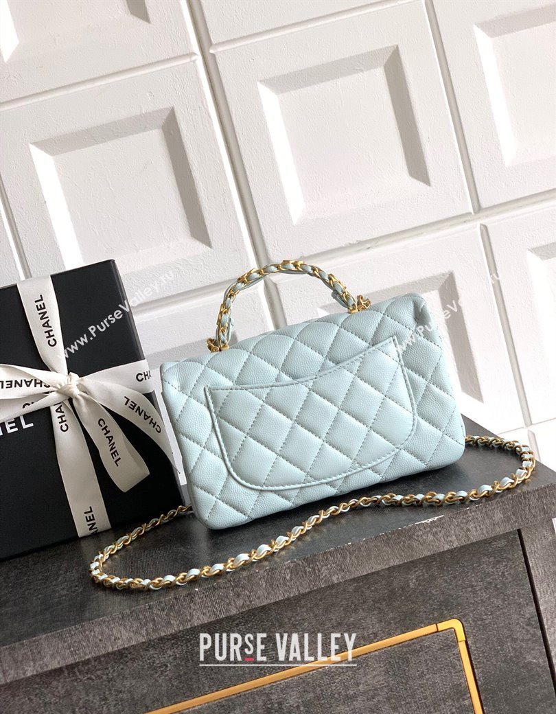 Chanel Grained Shiny Calfskin Mini Flap Bag with Top Handle and Chain AS5701 Light Blue 2025 (yezi-250812112)