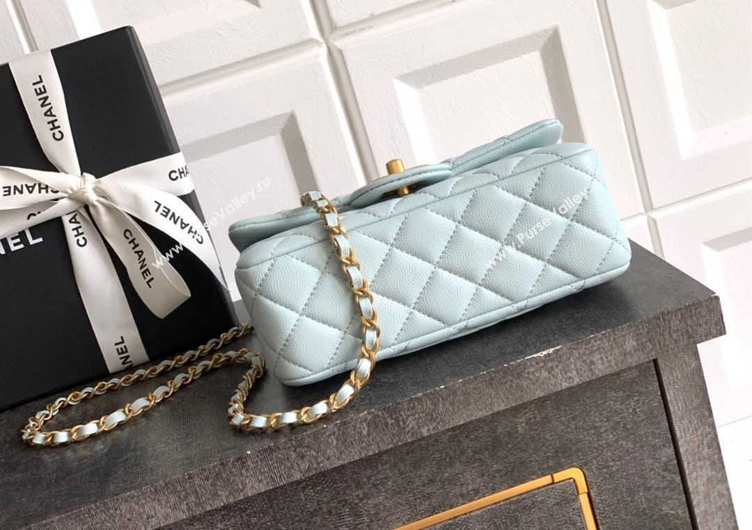 Chanel Grained Shiny Calfskin Mini Flap Bag with Top Handle and Chain AS5701 Light Blue 2025 (yezi-250812112)