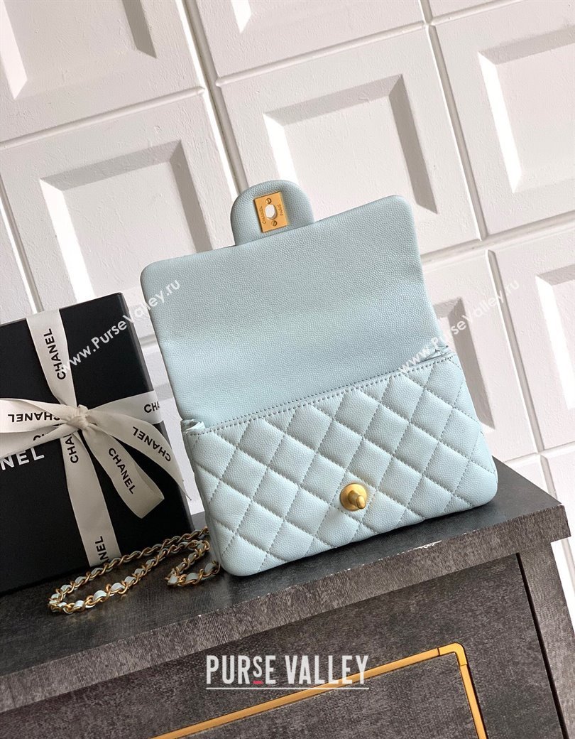 Chanel Grained Shiny Calfskin Mini Flap Bag with Top Handle and Chain AS5701 Light Blue 2025 (yezi-250812112)