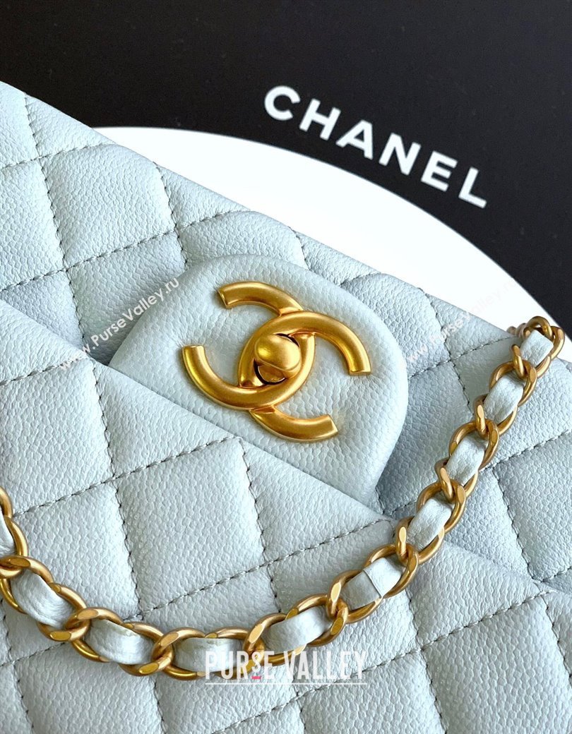 Chanel Grained Shiny Calfskin Mini Flap Bag with Top Handle and Chain AS5701 Light Blue 2025 (yezi-250812112)