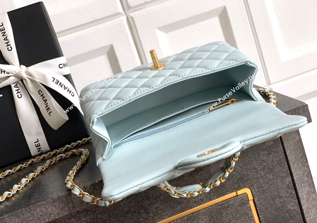 Chanel Grained Shiny Calfskin Mini Flap Bag with Top Handle and Chain AS5701 Light Blue 2025 (yezi-250812112)