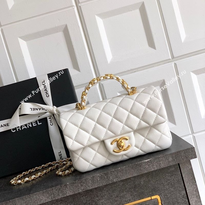 Chanel Grained Shiny Calfskin Mini Flap Bag with Top Handle and Chain AS5701 White 2025 (yezi-250812113)
