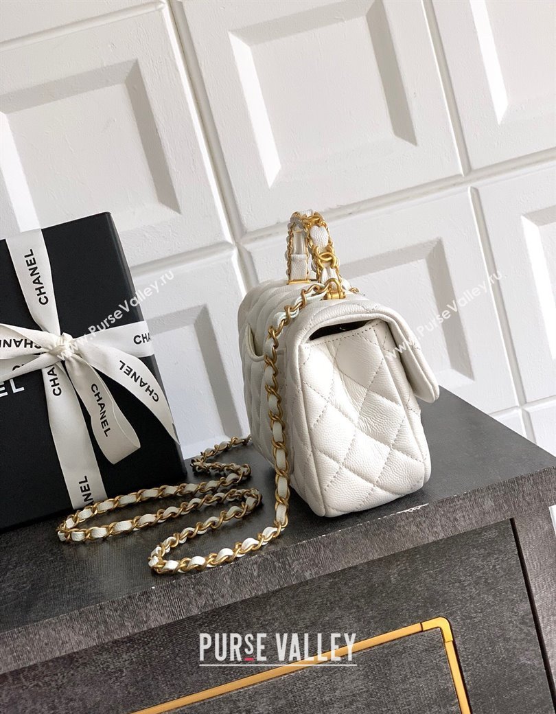 Chanel Grained Shiny Calfskin Mini Flap Bag with Top Handle and Chain AS5701 White 2025 (yezi-250812113)