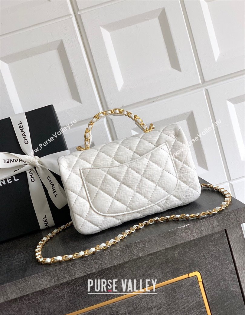 Chanel Grained Shiny Calfskin Mini Flap Bag with Top Handle and Chain AS5701 White 2025 (yezi-250812113)