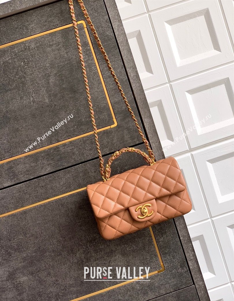 Chanel Grained Shiny Calfskin Mini Flap Bag with Top Handle and Chain AS5701 Camel Brown 2025 (yezi-250812114)