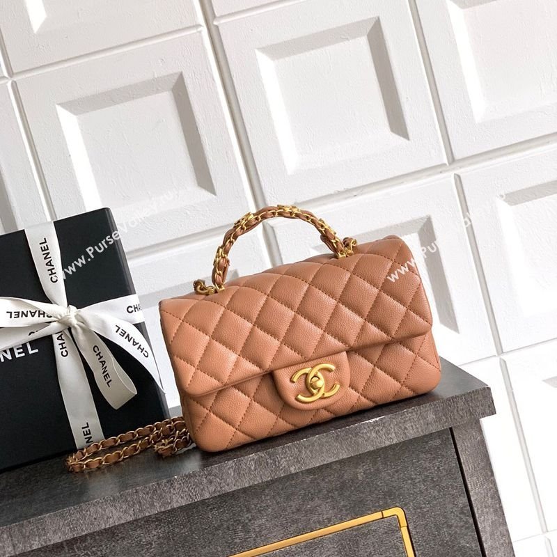 Chanel Grained Shiny Calfskin Mini Flap Bag with Top Handle and Chain AS5701 Camel Brown 2025 (yezi-250812114)