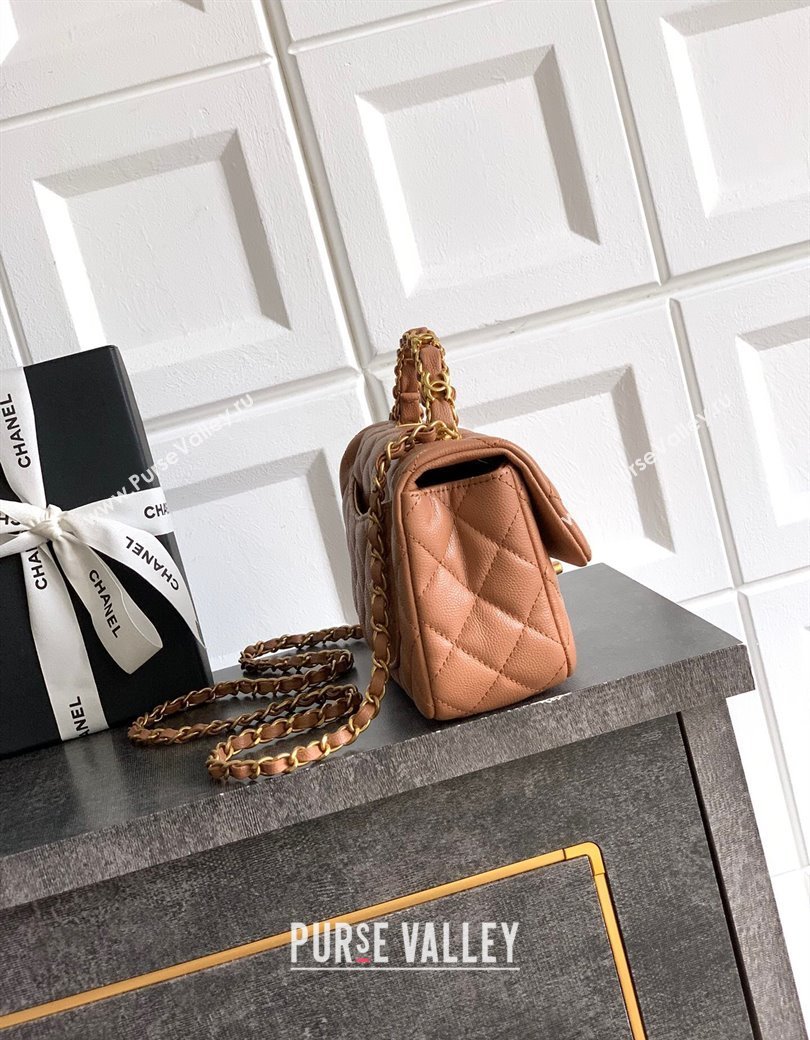 Chanel Grained Shiny Calfskin Mini Flap Bag with Top Handle and Chain AS5701 Camel Brown 2025 (yezi-250812114)