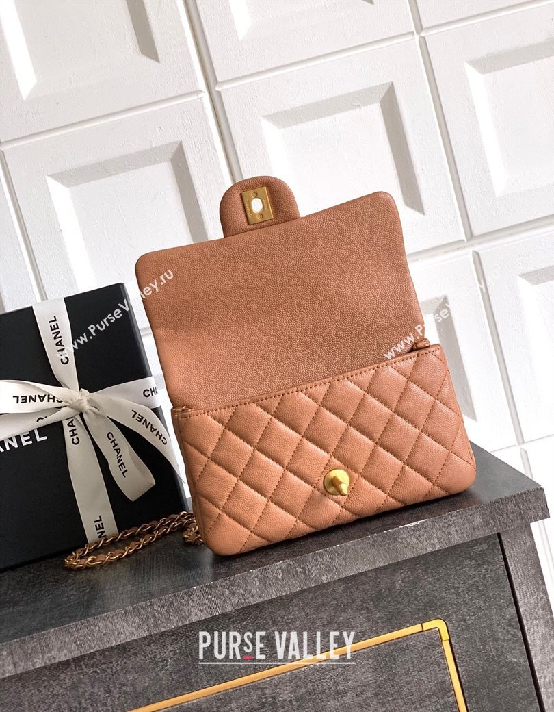 Chanel Grained Shiny Calfskin Mini Flap Bag with Top Handle and Chain AS5701 Camel Brown 2025 (yezi-250812114)