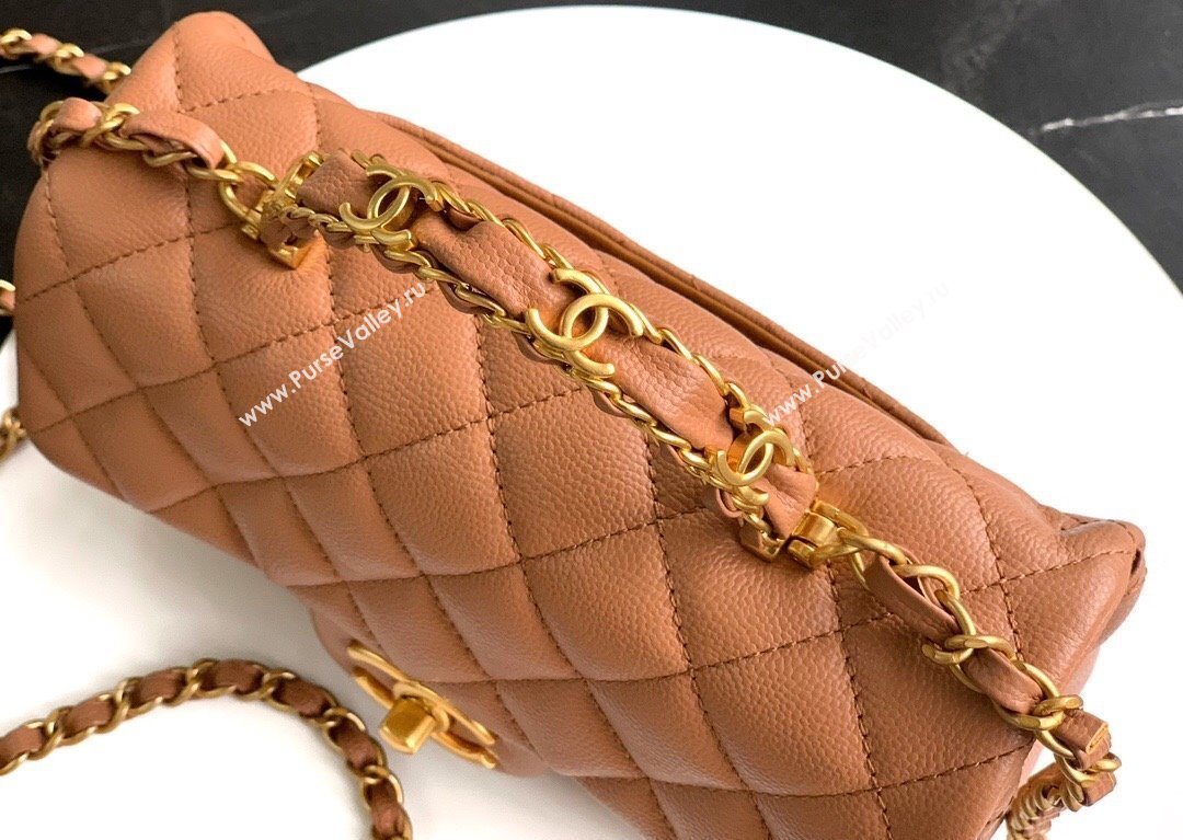 Chanel Grained Shiny Calfskin Mini Flap Bag with Top Handle and Chain AS5701 Camel Brown 2025 (yezi-250812114)