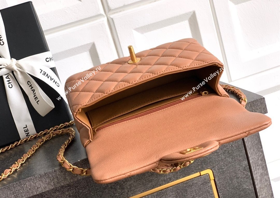 Chanel Grained Shiny Calfskin Mini Flap Bag with Top Handle and Chain AS5701 Camel Brown 2025 (yezi-250812114)