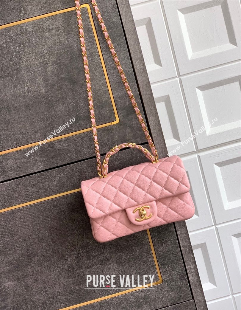 Chanel Grained Shiny Calfskin Mini Flap Bag with Top Handle and Chain AS5701 Light Pink 2025 (yezi-250812115)