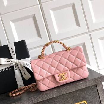 Chanel Grained Shiny Calfskin Mini Flap Bag with Top Handle and Chain AS5701 Light Pink 2025 (yezi-250812115)