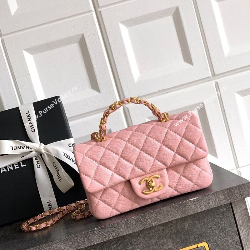 Chanel Grained Shiny Calfskin Mini Flap Bag with Top Handle and Chain AS5701 Light Pink 2025 (yezi-250812115)