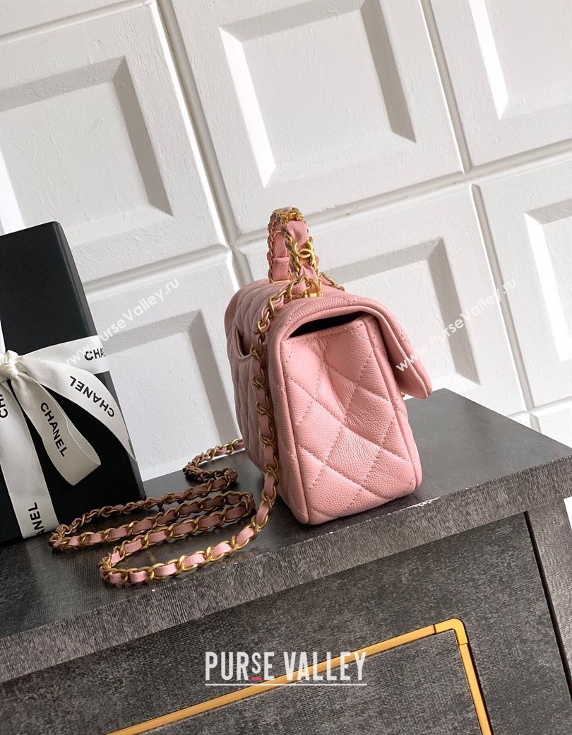 Chanel Grained Shiny Calfskin Mini Flap Bag with Top Handle and Chain AS5701 Light Pink 2025 (yezi-250812115)