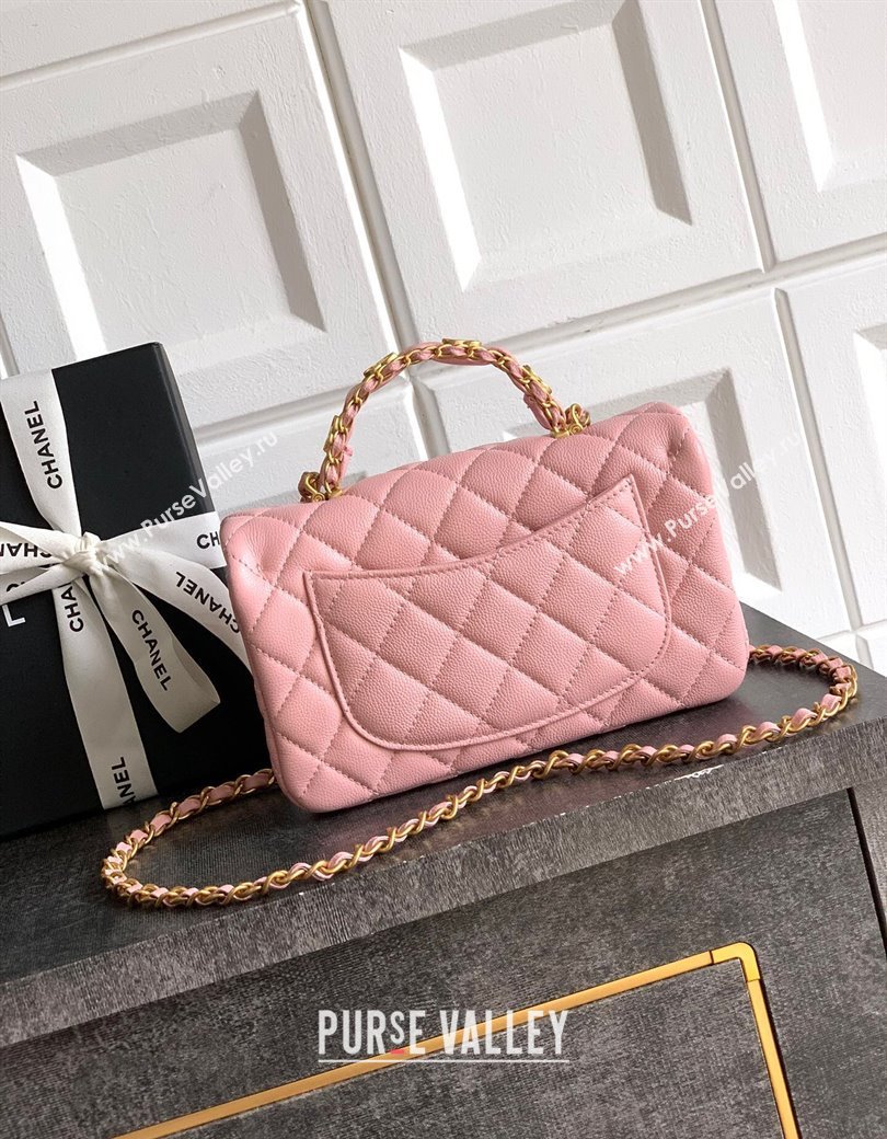 Chanel Grained Shiny Calfskin Mini Flap Bag with Top Handle and Chain AS5701 Light Pink 2025 (yezi-250812115)