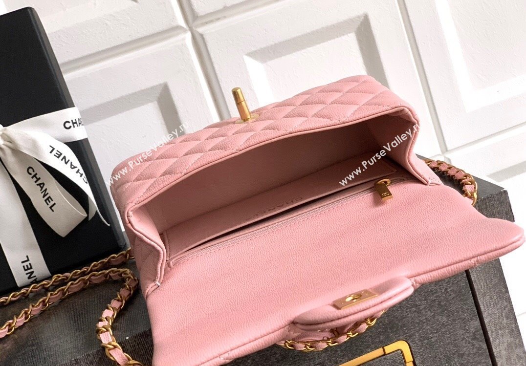 Chanel Grained Shiny Calfskin Mini Flap Bag with Top Handle and Chain AS5701 Light Pink 2025 (yezi-250812115)