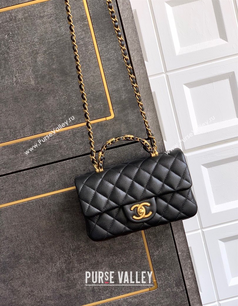 Chanel Grained Shiny Calfskin Mini Flap Bag with Top Handle and Chain AS5701 Black 2025 (yezi-250812116)
