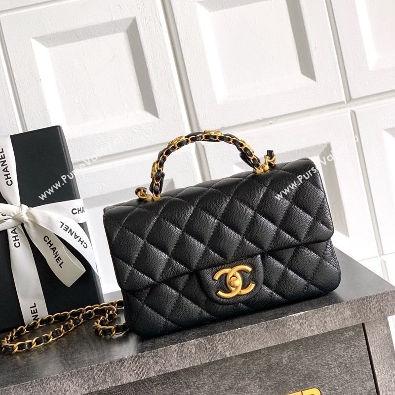 Chanel Grained Shiny Calfskin Mini Flap Bag with Top Handle and Chain AS5701 Black 2025 (yezi-250812116)