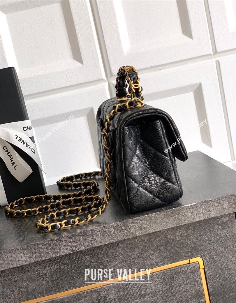 Chanel Grained Shiny Calfskin Mini Flap Bag with Top Handle and Chain AS5701 Black 2025 (yezi-250812116)