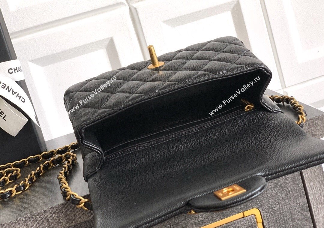 Chanel Grained Shiny Calfskin Mini Flap Bag with Top Handle and Chain AS5701 Black 2025 (yezi-250812116)