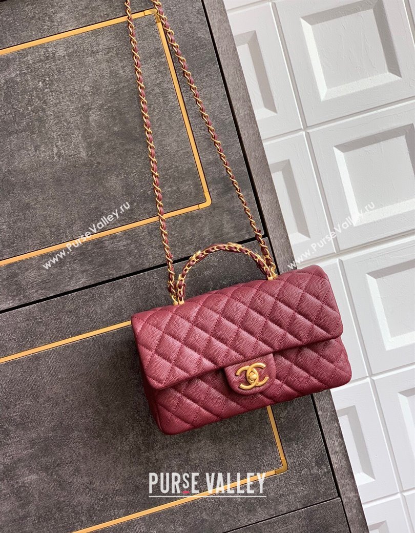 Chanel Grained Shiny Calfskin Small Flap Bag with Top Handle and Chain AS5702 Burgundy 2025 (yezi-250812117)