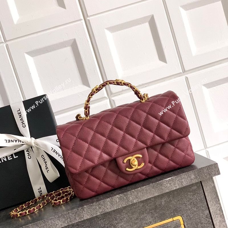 Chanel Grained Shiny Calfskin Small Flap Bag with Top Handle and Chain AS5702 Burgundy 2025 (yezi-250812117)