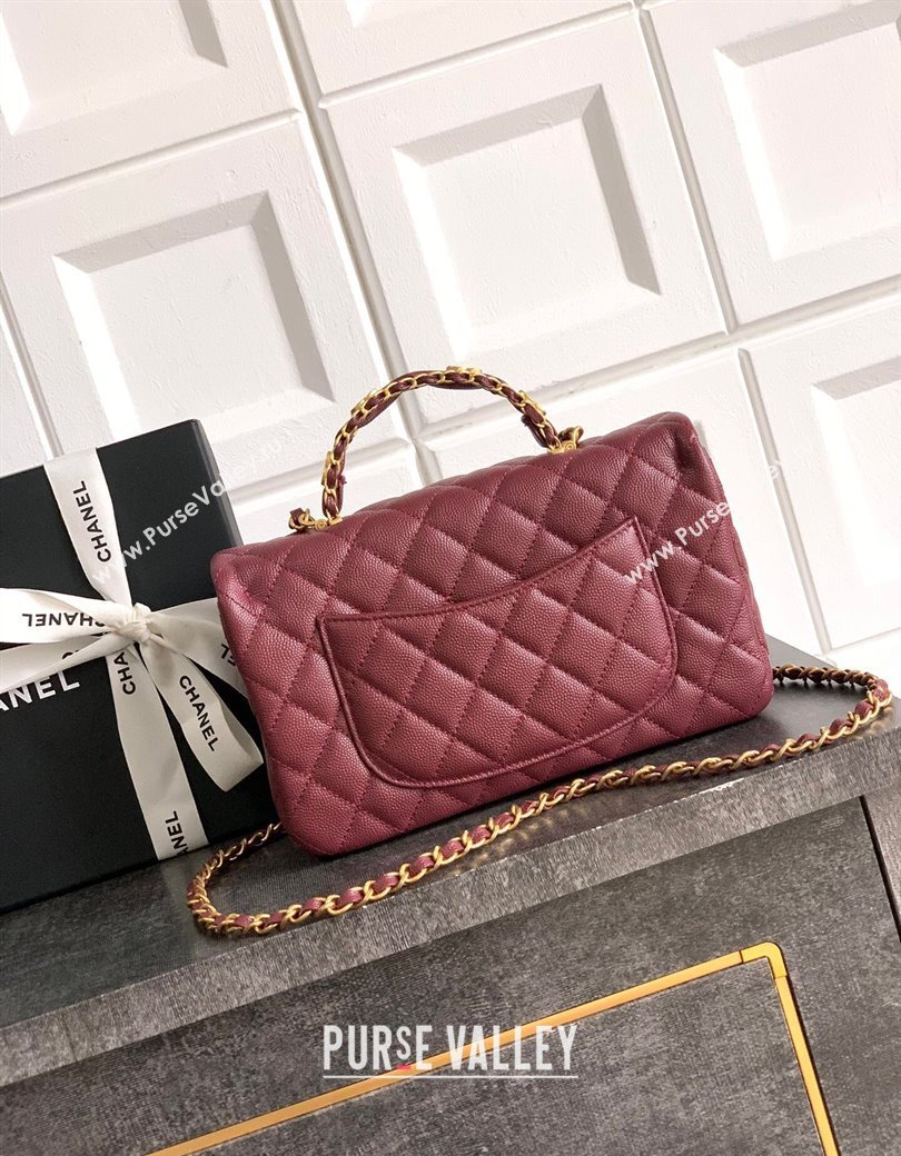Chanel Grained Shiny Calfskin Small Flap Bag with Top Handle and Chain AS5702 Burgundy 2025 (yezi-250812117)