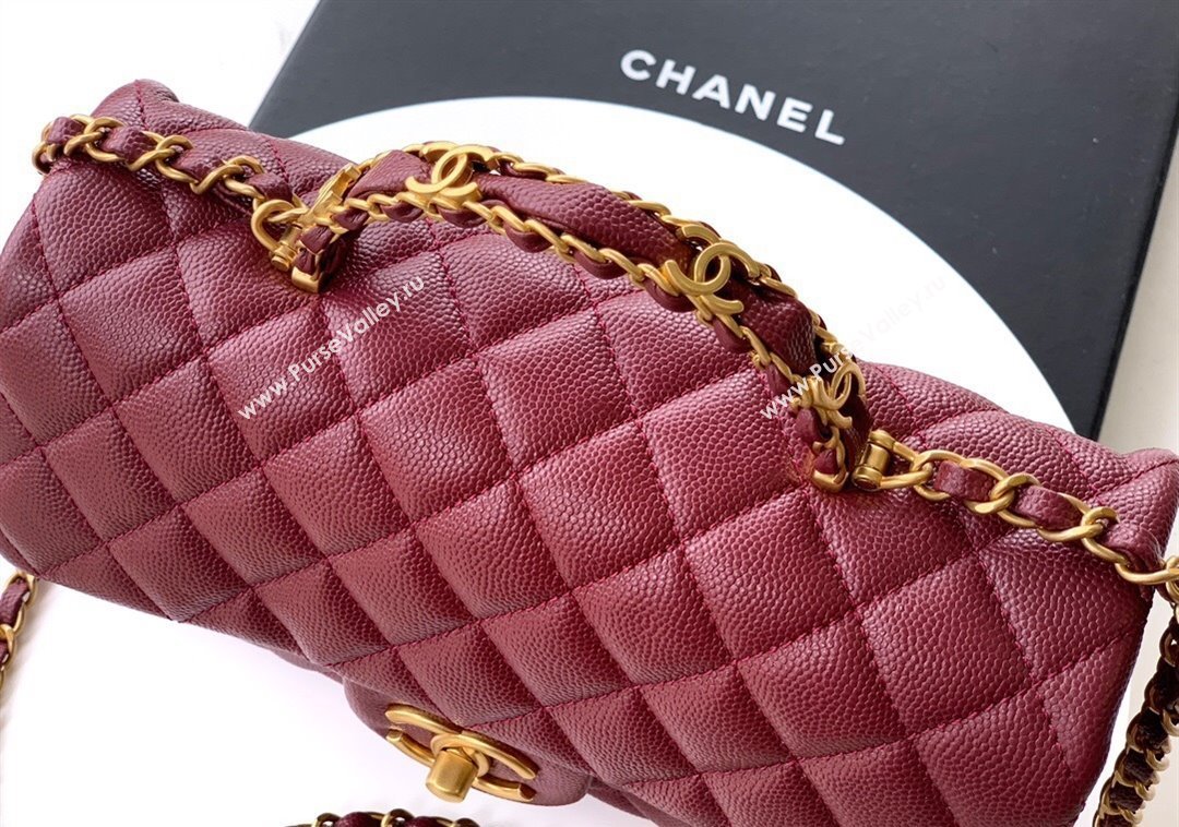 Chanel Grained Shiny Calfskin Small Flap Bag with Top Handle and Chain AS5702 Burgundy 2025 (yezi-250812117)