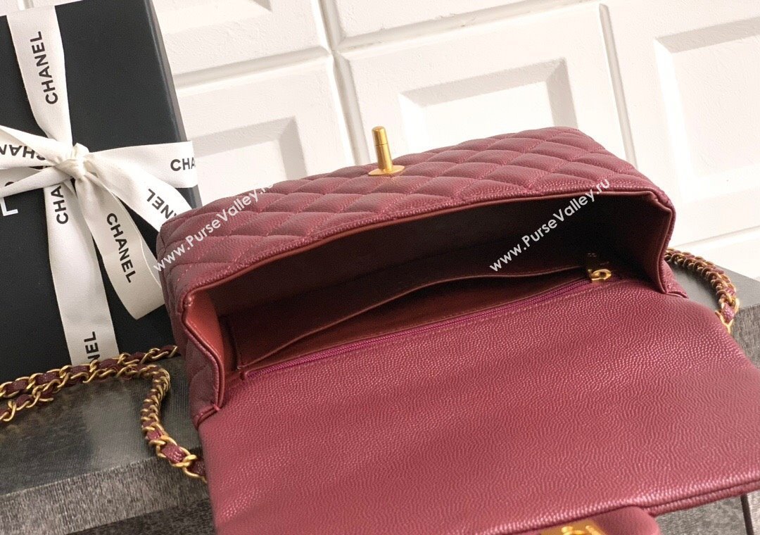 Chanel Grained Shiny Calfskin Small Flap Bag with Top Handle and Chain AS5702 Burgundy 2025 (yezi-250812117)