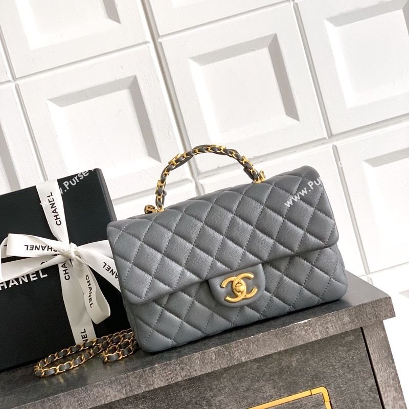 Chanel Grained Shiny Calfskin Small Flap Bag with Top Handle and Chain AS5702 Grey 2025 (yezi-250812118)