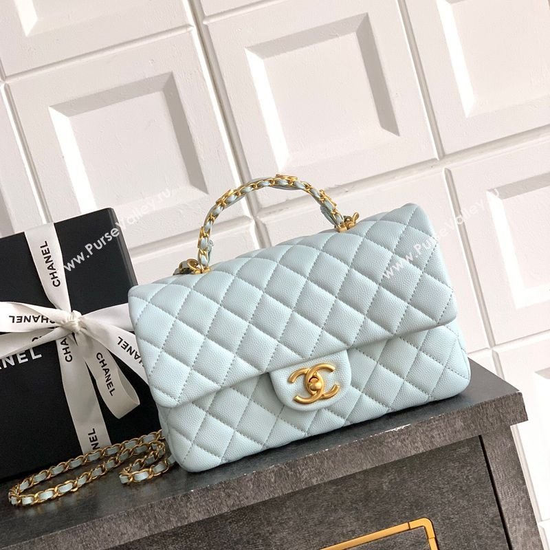 Chanel Grained Shiny Calfskin Small Flap Bag with Top Handle and Chain AS5702 Light Blue 2025 (yezi-250812119)