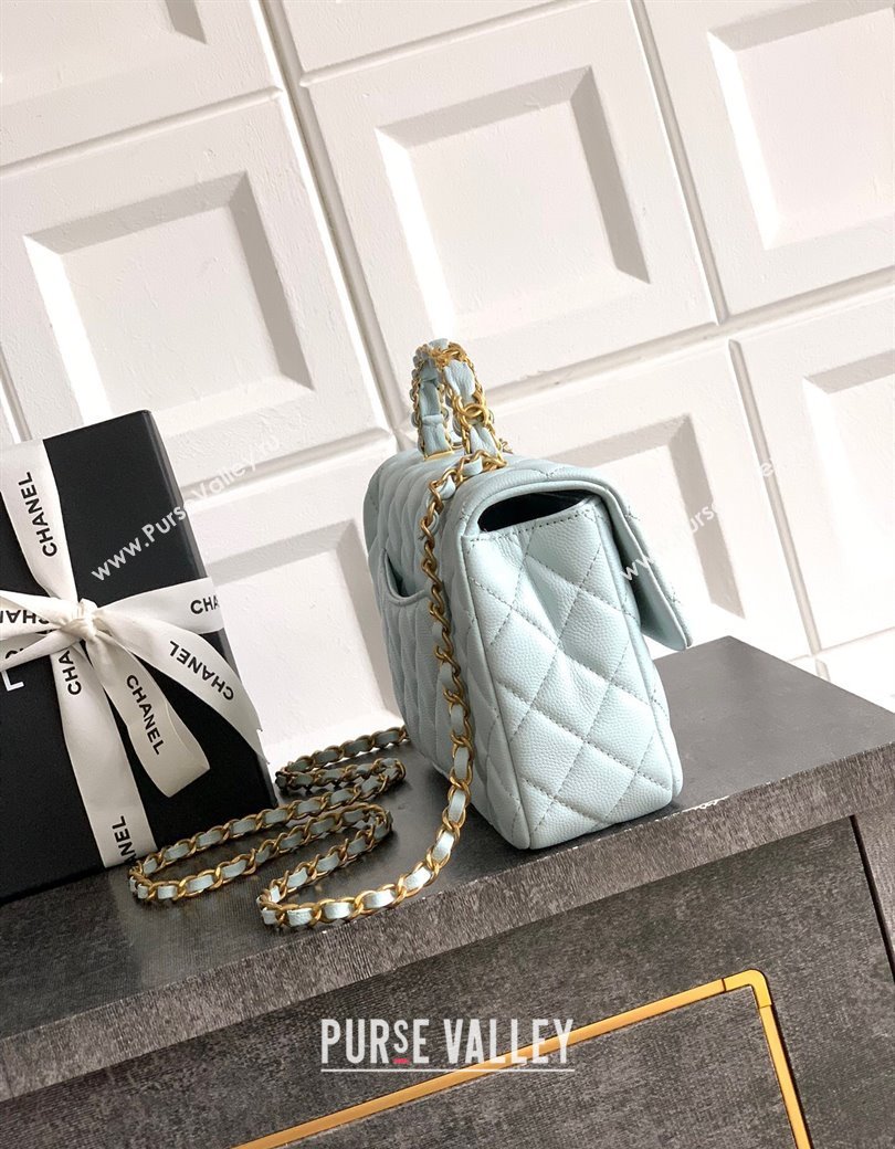 Chanel Grained Shiny Calfskin Small Flap Bag with Top Handle and Chain AS5702 Light Blue 2025 (yezi-250812119)