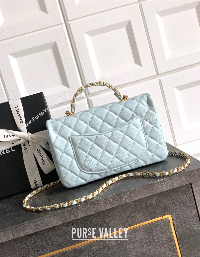 Chanel Grained Shiny Calfskin Small Flap Bag with Top Handle and Chain AS5702 Light Blue 2025 (yezi-250812119)