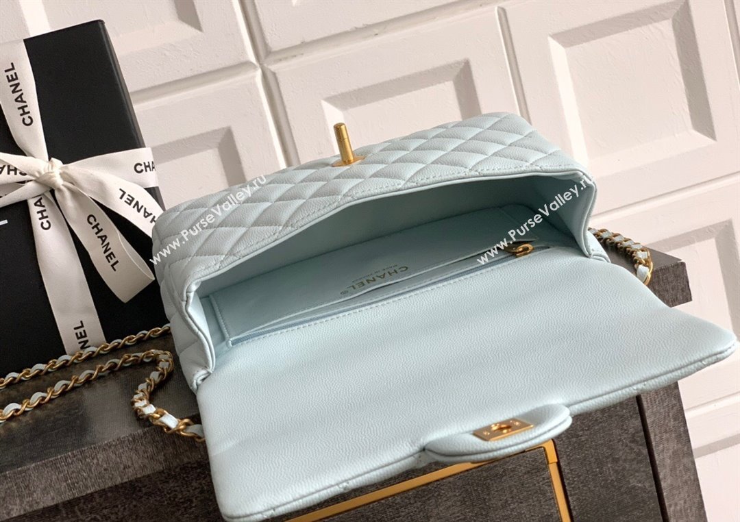 Chanel Grained Shiny Calfskin Small Flap Bag with Top Handle and Chain AS5702 Light Blue 2025 (yezi-250812119)