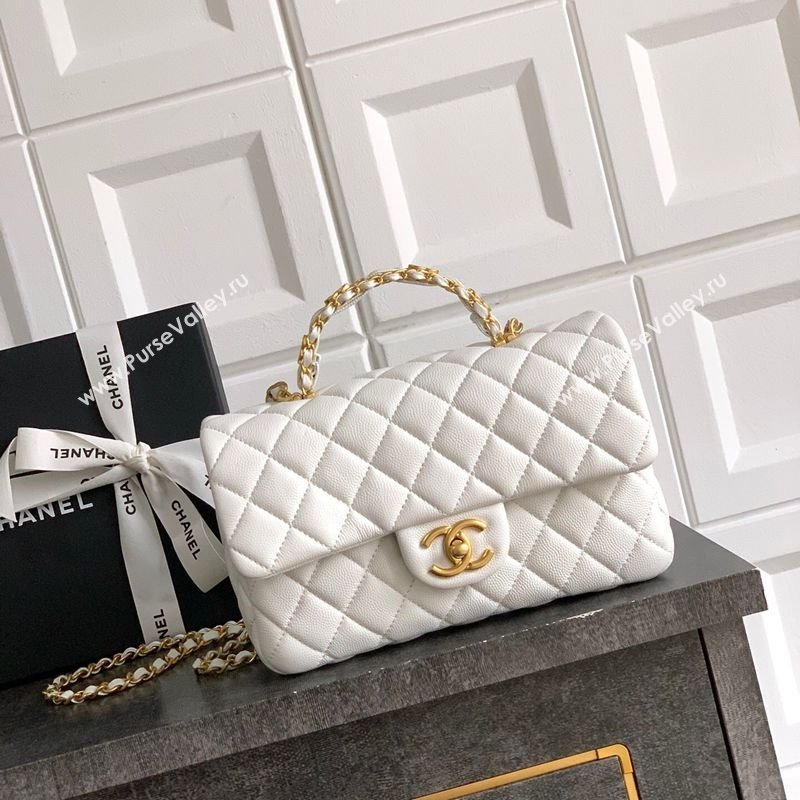 Chanel Grained Shiny Calfskin Small Flap Bag with Top Handle and Chain AS5702 White 2025 (yezi-250812120)