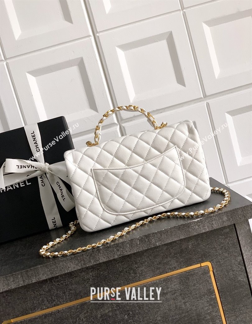 Chanel Grained Shiny Calfskin Small Flap Bag with Top Handle and Chain AS5702 White 2025 (yezi-250812120)