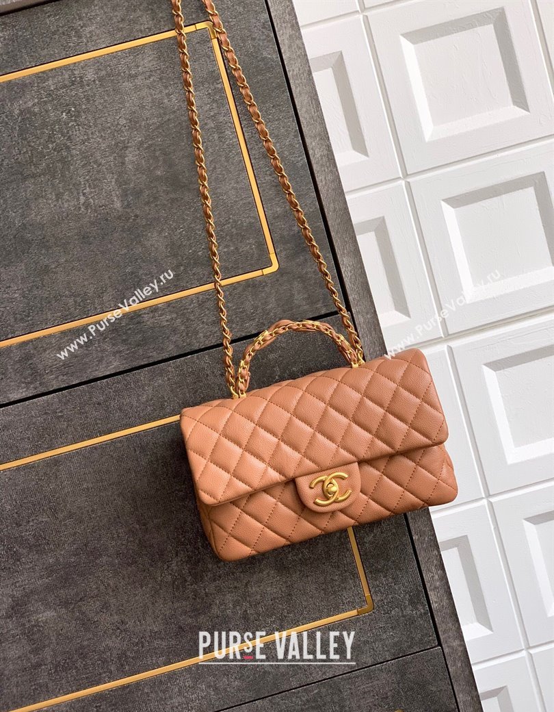 Chanel Grained Shiny Calfskin Small Flap Bag with Top Handle and Chain AS5702 Camel 2025 (yezi-250812121)
