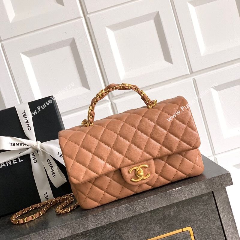 Chanel Grained Shiny Calfskin Small Flap Bag with Top Handle and Chain AS5702 Camel 2025 (yezi-250812121)