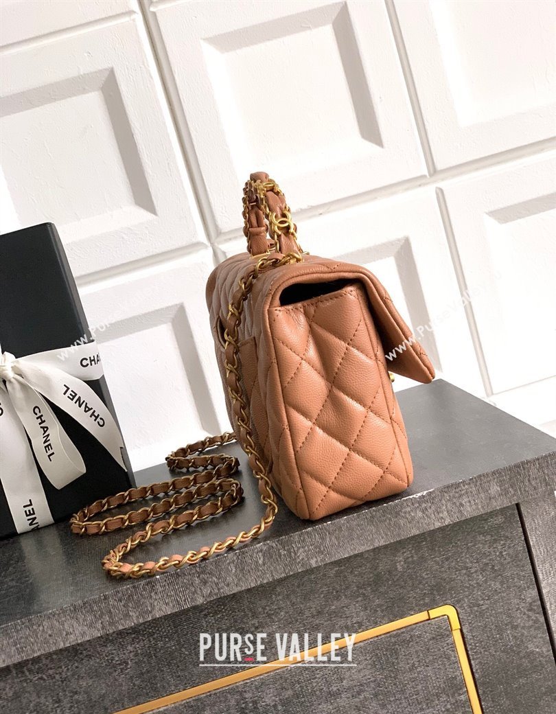 Chanel Grained Shiny Calfskin Small Flap Bag with Top Handle and Chain AS5702 Camel 2025 (yezi-250812121)