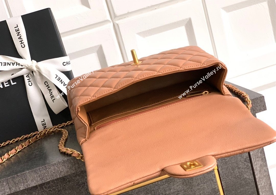 Chanel Grained Shiny Calfskin Small Flap Bag with Top Handle and Chain AS5702 Camel 2025 (yezi-250812121)