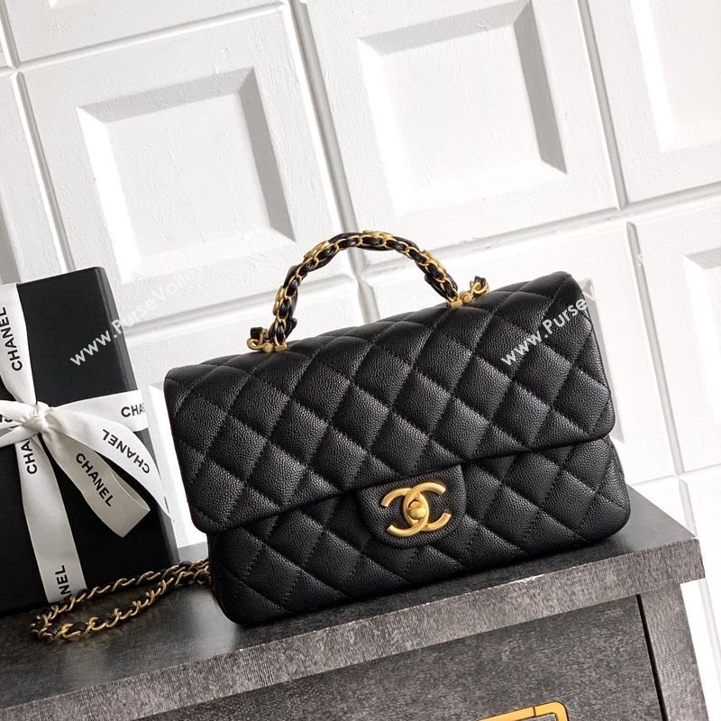 Chanel Grained Shiny Calfskin Small Flap Bag with Top Handle and Chain AS5702 Black 2025 (yezi-250812123)