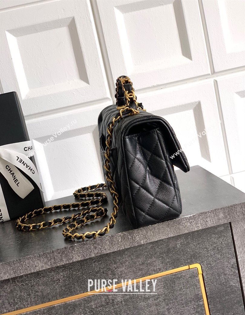 Chanel Grained Shiny Calfskin Small Flap Bag with Top Handle and Chain AS5702 Black 2025 (yezi-250812123)