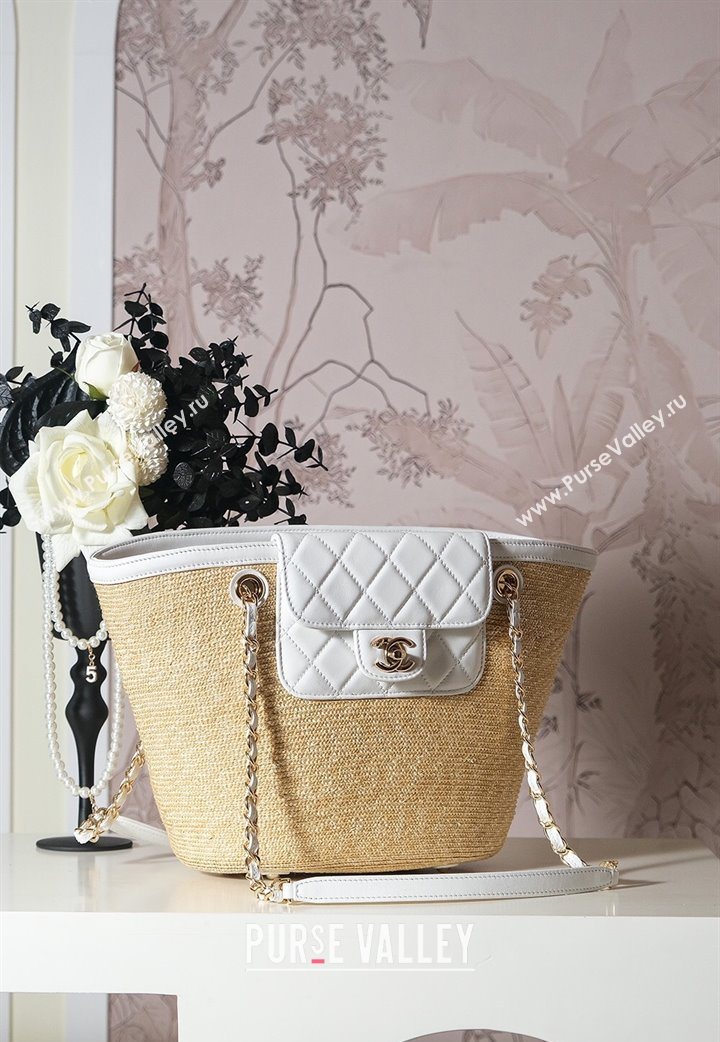 Chanel Raffia Straw and Calfskin Large Shopping Bag Beige/White 2025 AS5951 (yezi-251010084)